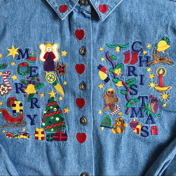 Karen Scott Denim Chambray Ugly Christmas Button Up SP - Picture 3 of 6